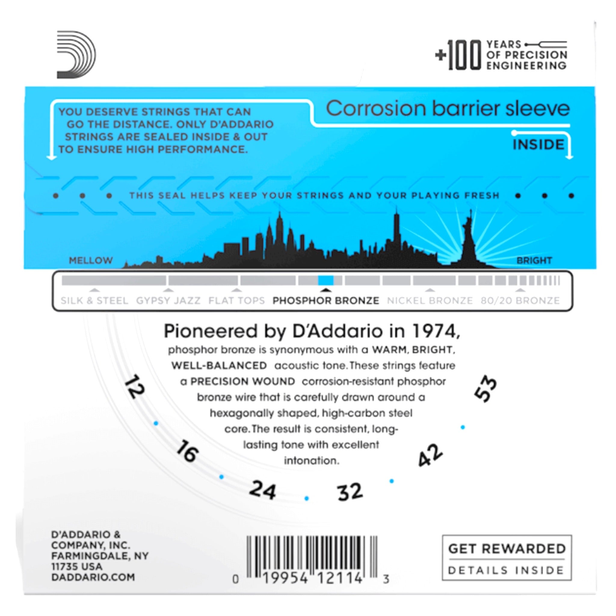 D'Addario EJ16 Phosphor Bronze Light Acoustic Guitar Strings (12/53)