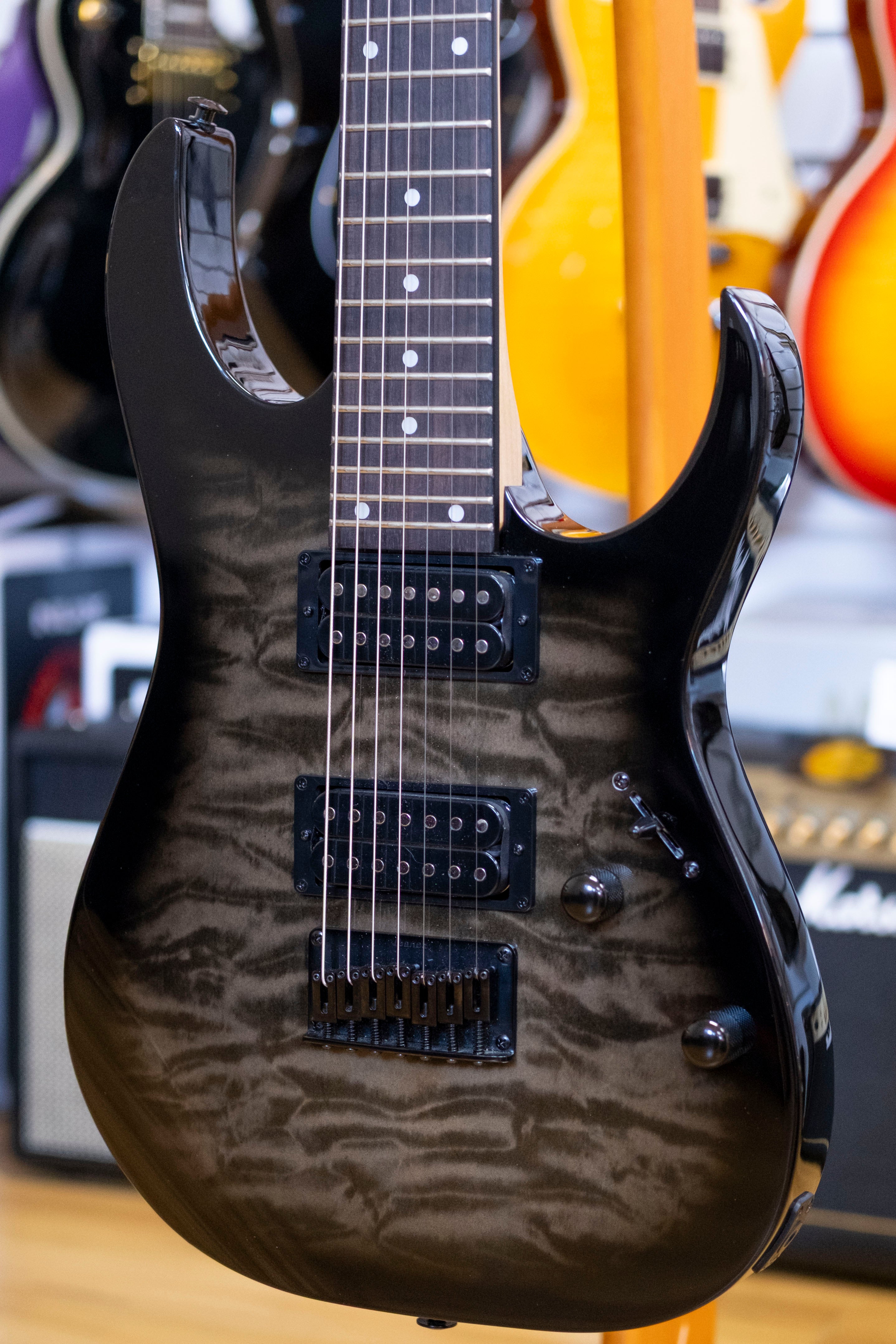 Ibanez Gio RG7221QA 7-String Electric Guitar (Transparent Black Sunburst)