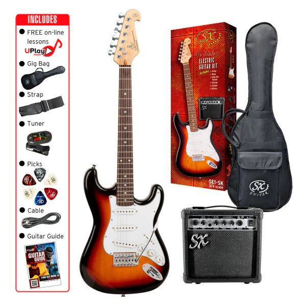 sx tobacco SX Standard Series 3/4 Size Electric Guitar Pack with Amplifier (Tobac