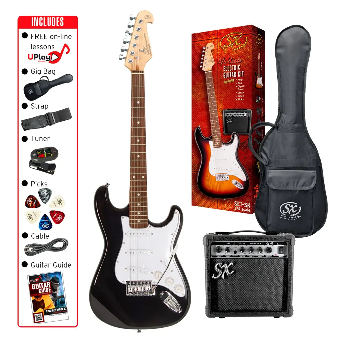 SX SE1 Standard Series 3/4 Size Electric Guitar Pack with Amp (Black)
