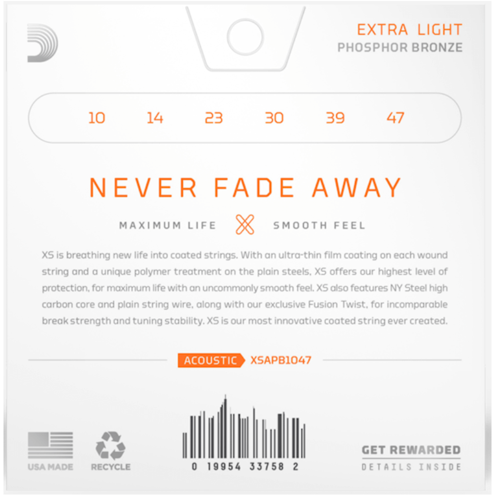 D'Addario XS Phosphor Bronze Extra Light Coated Acoustic Guitar Strings (10/47)