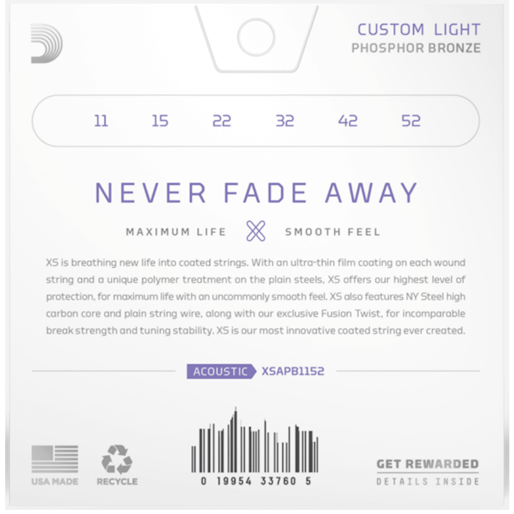 D'Addario XS Phosphor Bronze Custom Light Coated Acoustic Guitar Strings (11/52)