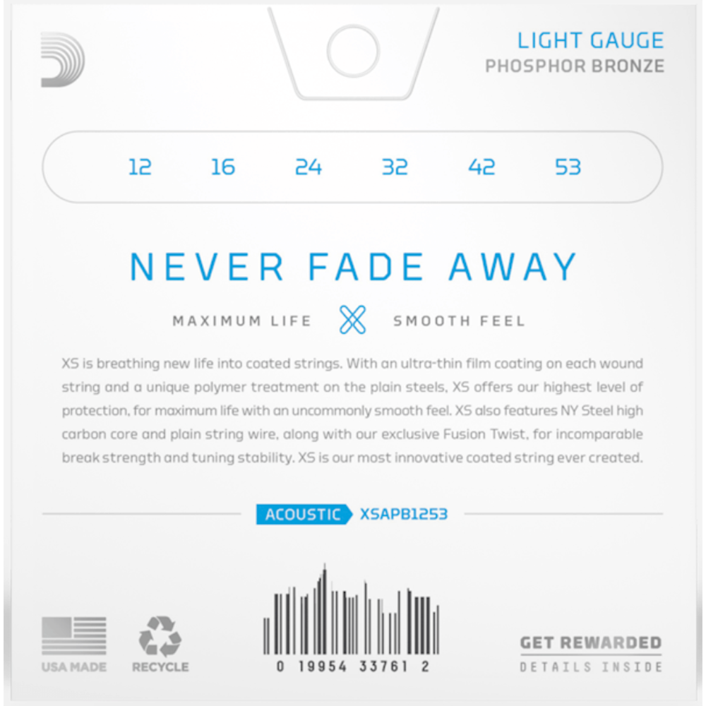 D'Addario XS Phosphor Bronze Light Coated Acoustic Guitar Strings (12/53)