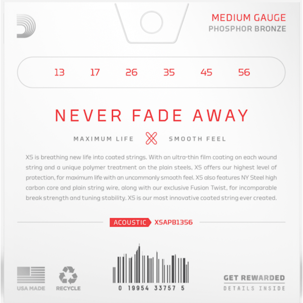 D'Addario XS Phosphor Bronze Medium Coated Acoustic Guitar Strings (13/56)