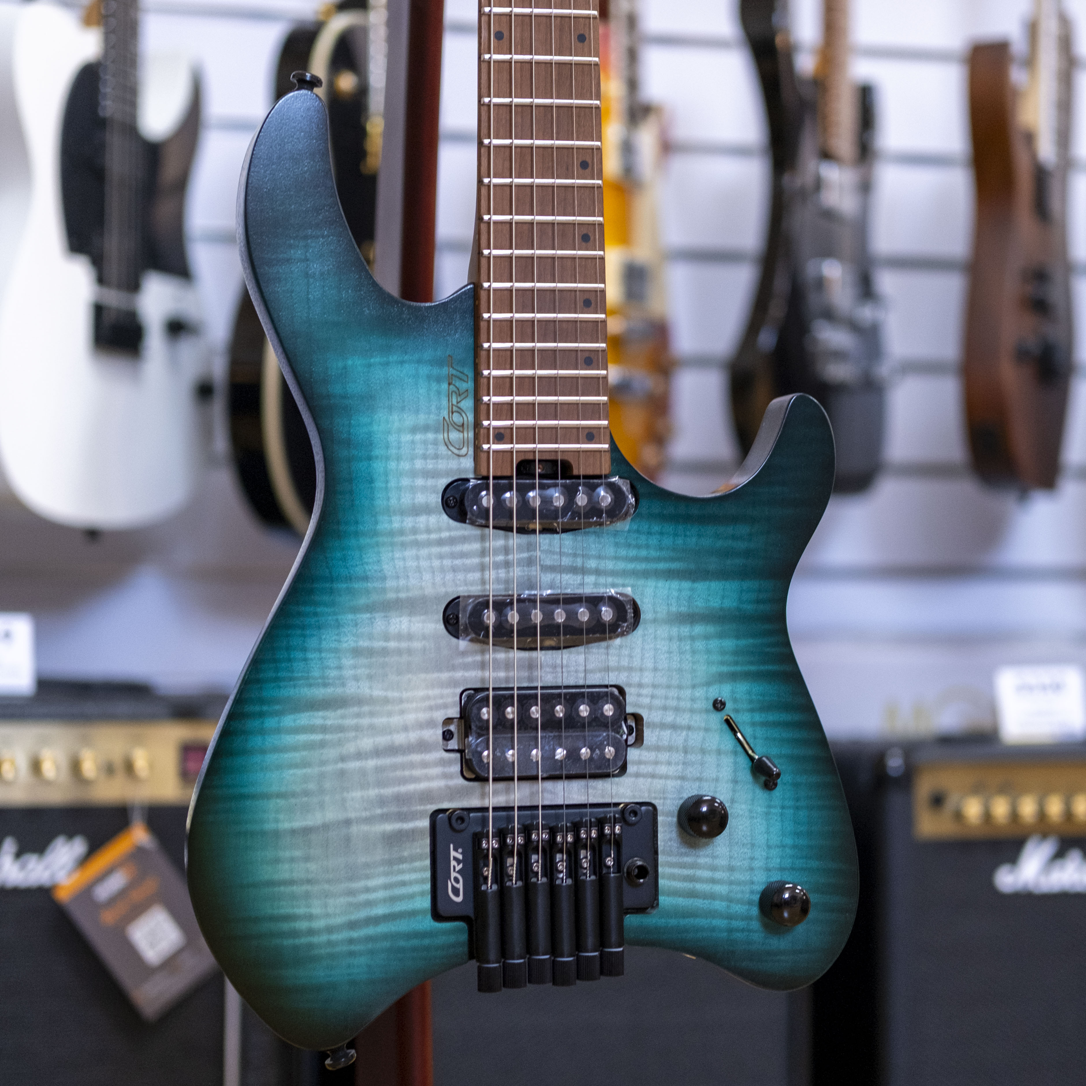 Cort Space G6TR Headless Electric Guitar with Gig Bag (Semi Gloss Lagoon)