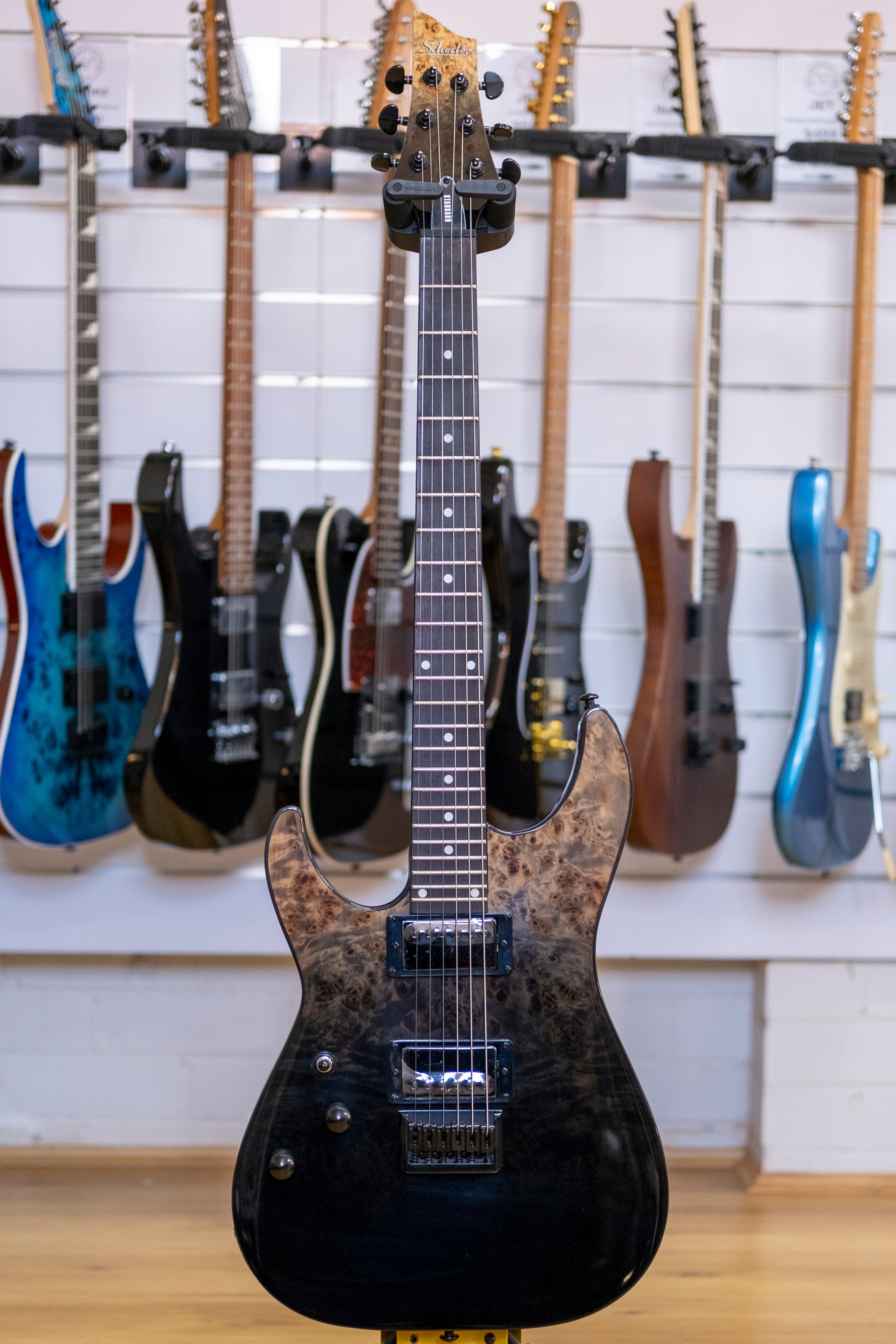 Schecter C-1 Standard Left Handed Electric Guitar (Black Fade Burst Burl)