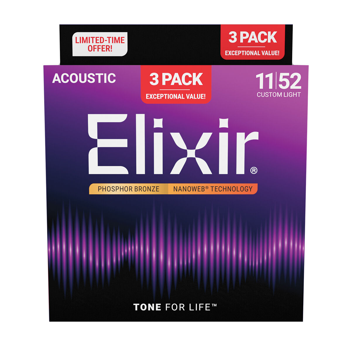 Elixir Nanoweb Phosphor Bronze Custom Light 3-Pack Acoustic Guitar Strings (11/52)