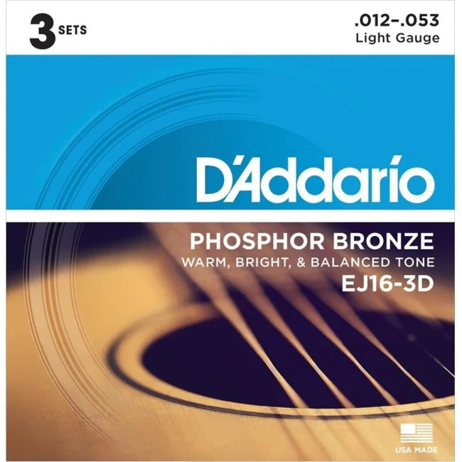 D'Addario EJ16 3-Pack Phosphor Bronze Light Acoustic Guitar Strings (12/53)