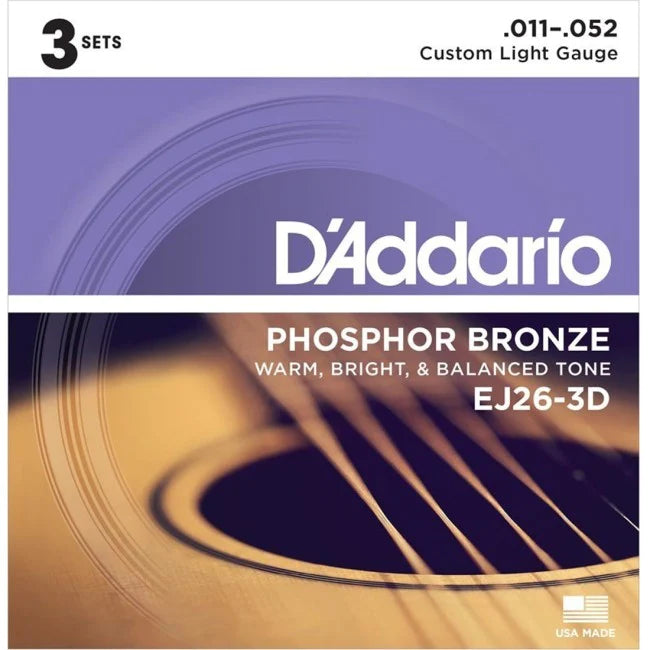 D'Addario EJ26 3-Pack Phosphor Bronze Custom Light Acoustic Guitar Strings (11/52)